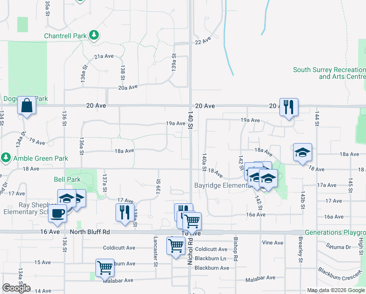 map of restaurants, bars, coffee shops, grocery stores, and more near 1875 140 Street in Surrey
