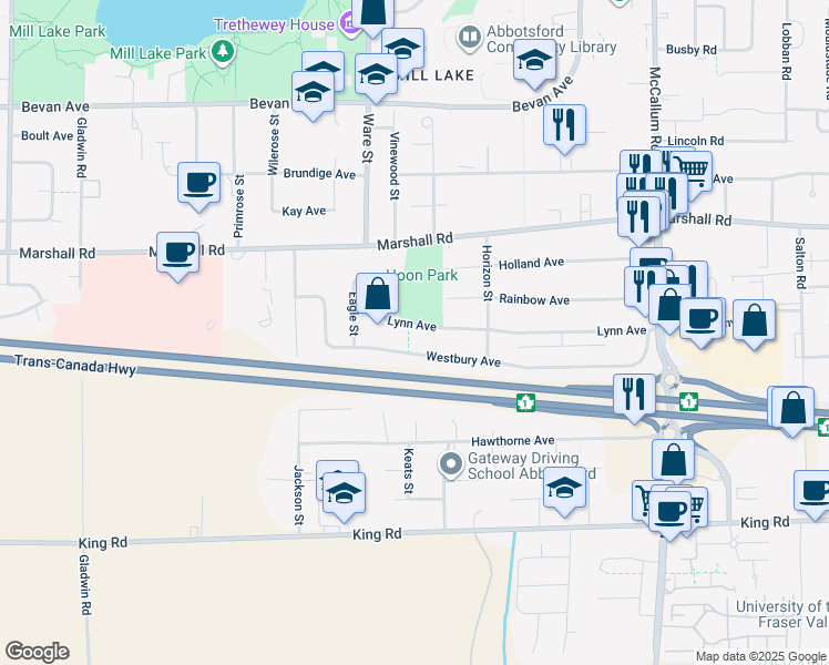 map of restaurants, bars, coffee shops, grocery stores, and more near 33262 Lynn Avenue in Abbotsford