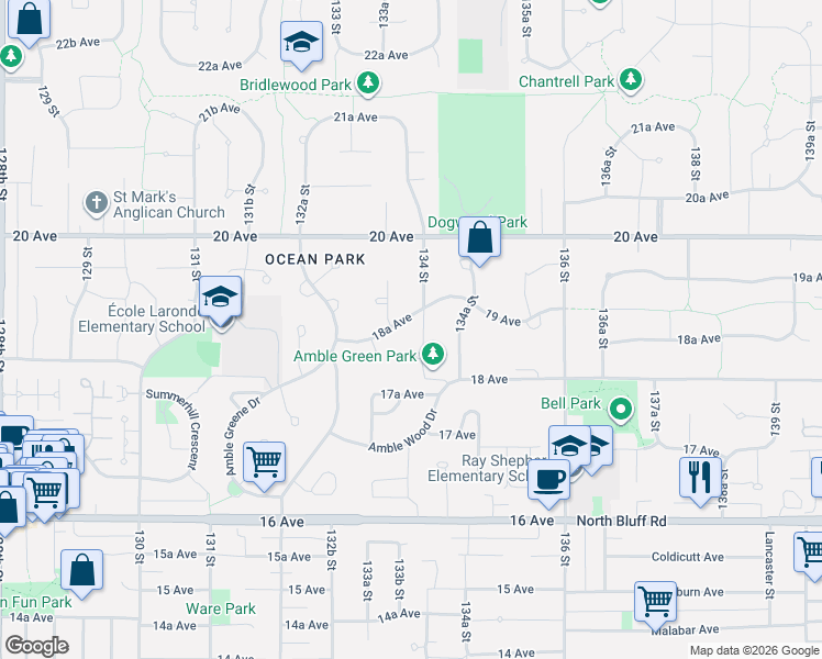 map of restaurants, bars, coffee shops, grocery stores, and more near 13386 18A Avenue in Surrey