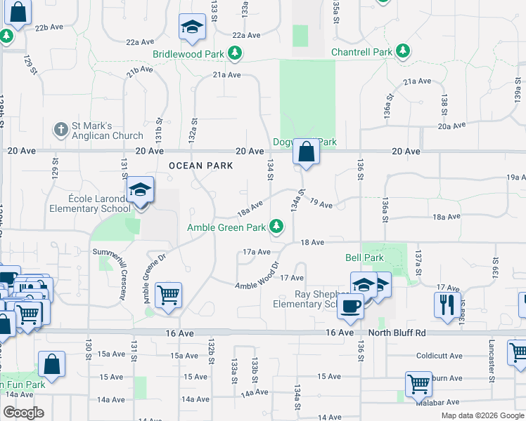 map of restaurants, bars, coffee shops, grocery stores, and more near in Surrey