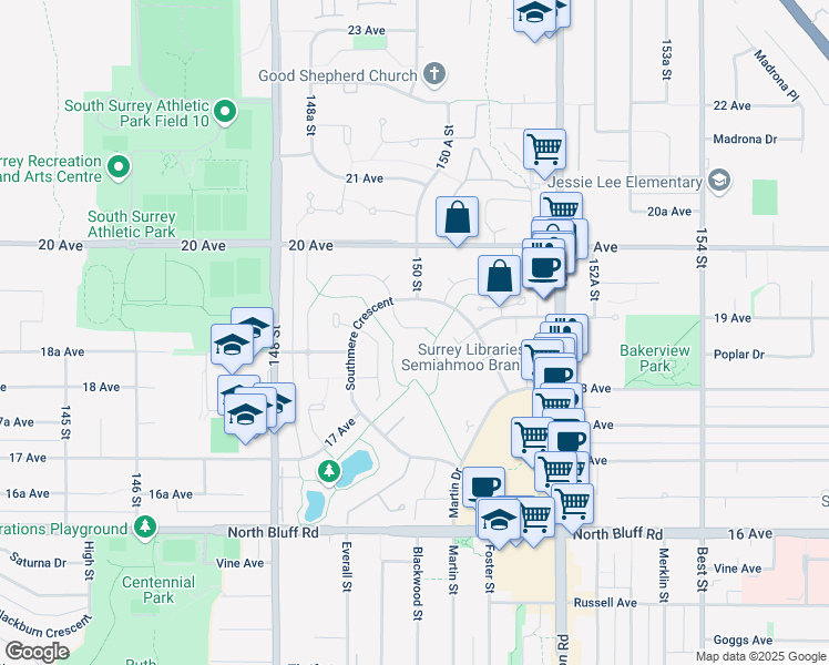 map of restaurants, bars, coffee shops, grocery stores, and more near 14996 Southmere Close in Surrey