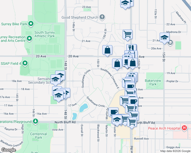 map of restaurants, bars, coffee shops, grocery stores, and more near 14988 Southmere Close in Surrey