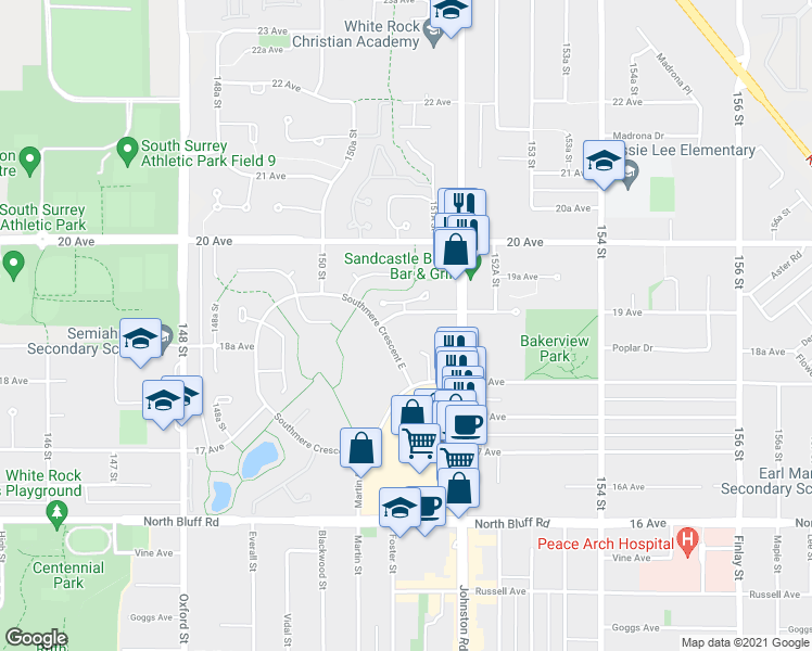 map of restaurants, bars, coffee shops, grocery stores, and more near 15136 19 Avenue in Surrey