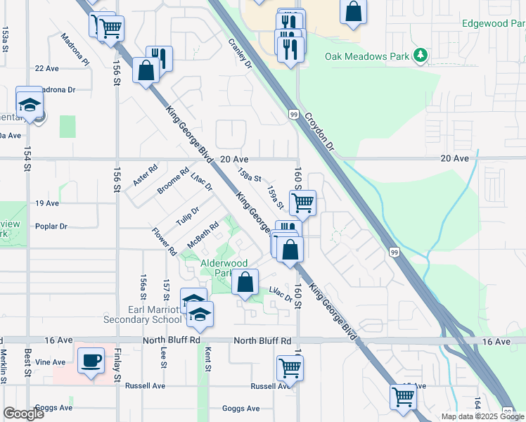 map of restaurants, bars, coffee shops, grocery stores, and more near 1876 King George Boulevard in Surrey