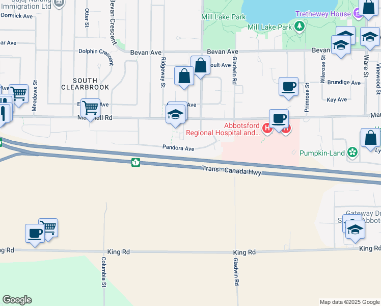 map of restaurants, bars, coffee shops, grocery stores, and more near 32668 Pandora Avenue in Abbotsford