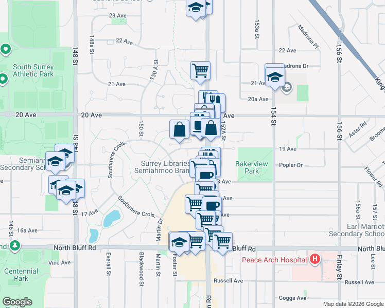 map of restaurants, bars, coffee shops, grocery stores, and more near in Surrey
