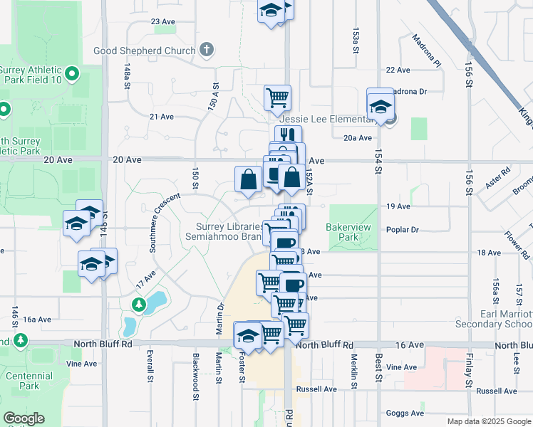 map of restaurants, bars, coffee shops, grocery stores, and more near in Surrey