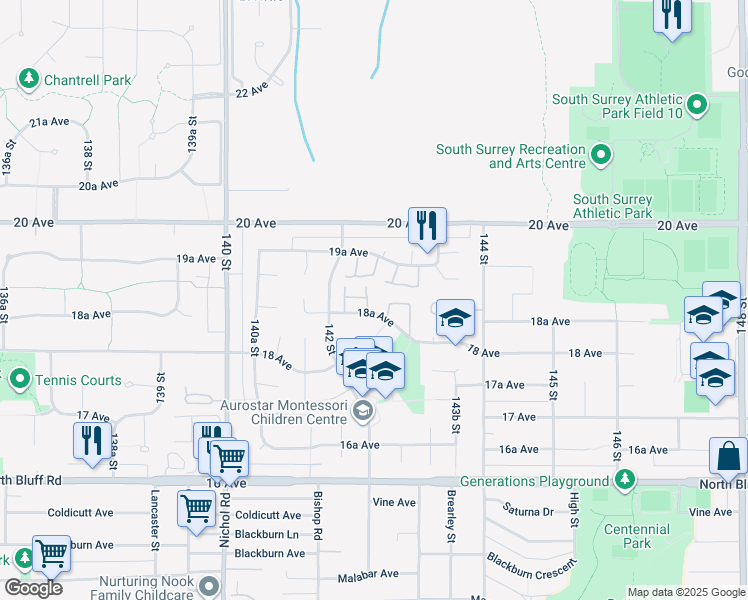 map of restaurants, bars, coffee shops, grocery stores, and more near 14251 18A Avenue in Surrey