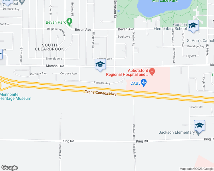 map of restaurants, bars, coffee shops, grocery stores, and more near 32656 Pandora Avenue in Abbotsford