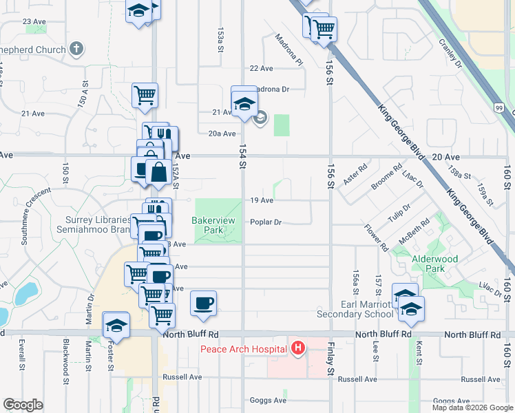 map of restaurants, bars, coffee shops, grocery stores, and more near 15432 19 Avenue in Surrey
