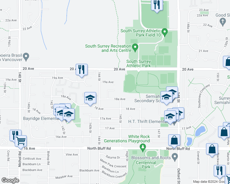 map of restaurants, bars, coffee shops, grocery stores, and more near 14478 19 Avenue in Surrey