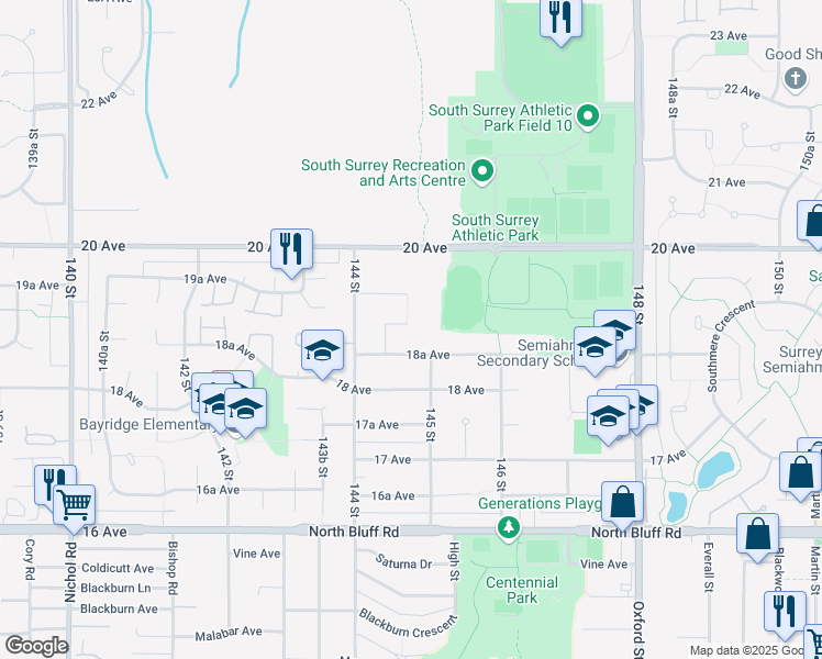 map of restaurants, bars, coffee shops, grocery stores, and more near 14478 19 Avenue in Surrey