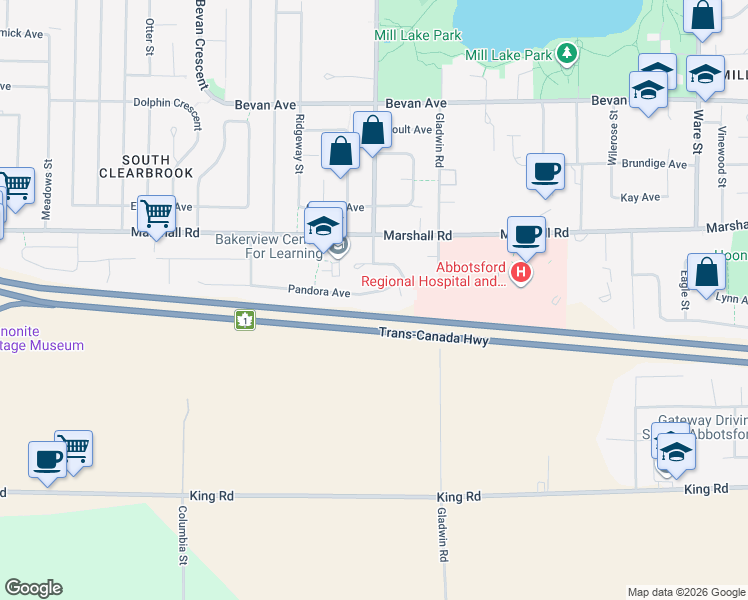 map of restaurants, bars, coffee shops, grocery stores, and more near 32698 Pandora Avenue in Abbotsford