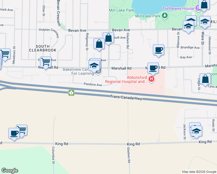 map of restaurants, bars, coffee shops, grocery stores, and more near 32698 Pandora Avenue in Abbotsford