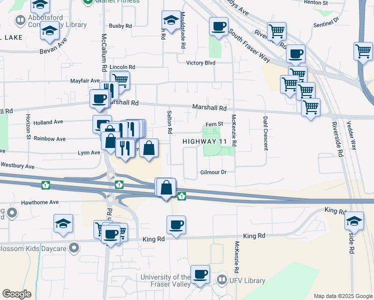 map of restaurants, bars, coffee shops, grocery stores, and more near 1850 Shore Crescent in Abbotsford