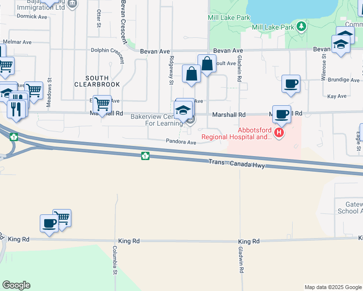 map of restaurants, bars, coffee shops, grocery stores, and more near 32616 Pandora Avenue in Abbotsford