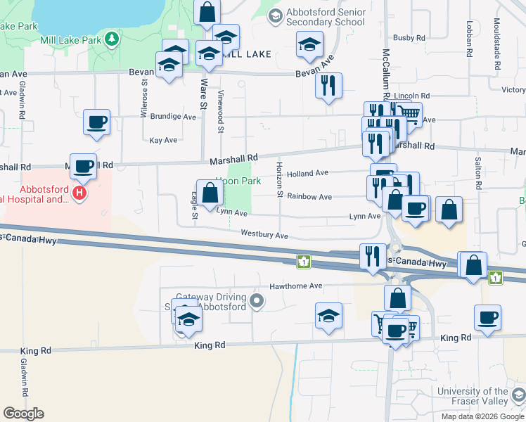 map of restaurants, bars, coffee shops, grocery stores, and more near 33331 Lynn Avenue in Abbotsford