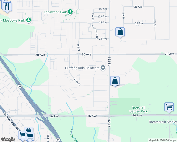 map of restaurants, bars, coffee shops, grocery stores, and more near in Surrey