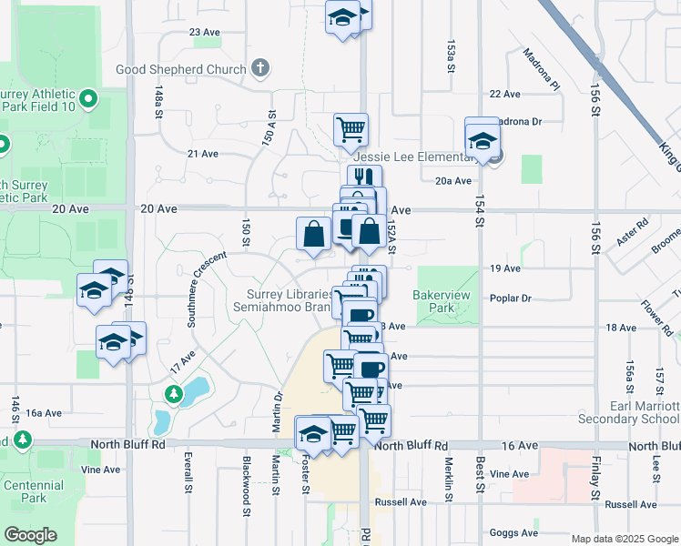 map of restaurants, bars, coffee shops, grocery stores, and more near in Surrey
