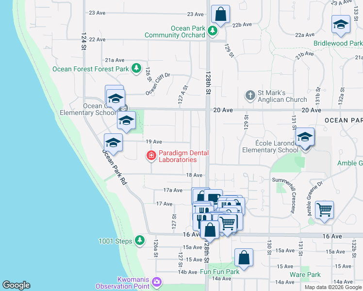 map of restaurants, bars, coffee shops, grocery stores, and more near 12710 19 Avenue in Surrey