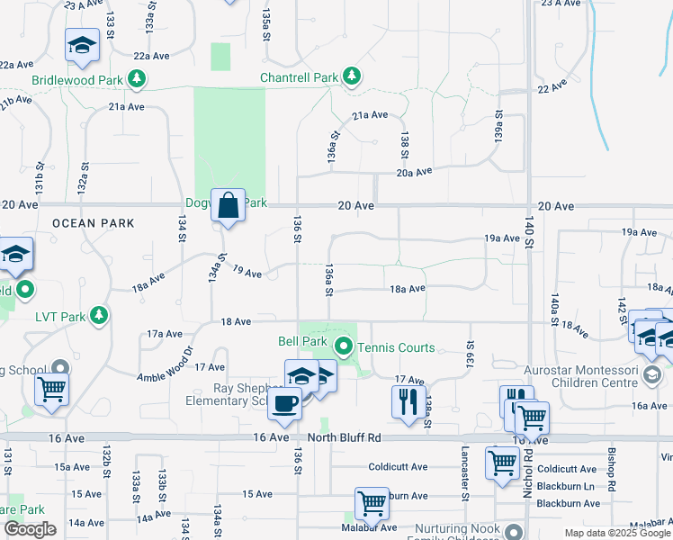 map of restaurants, bars, coffee shops, grocery stores, and more near 13658 19 Avenue in Surrey