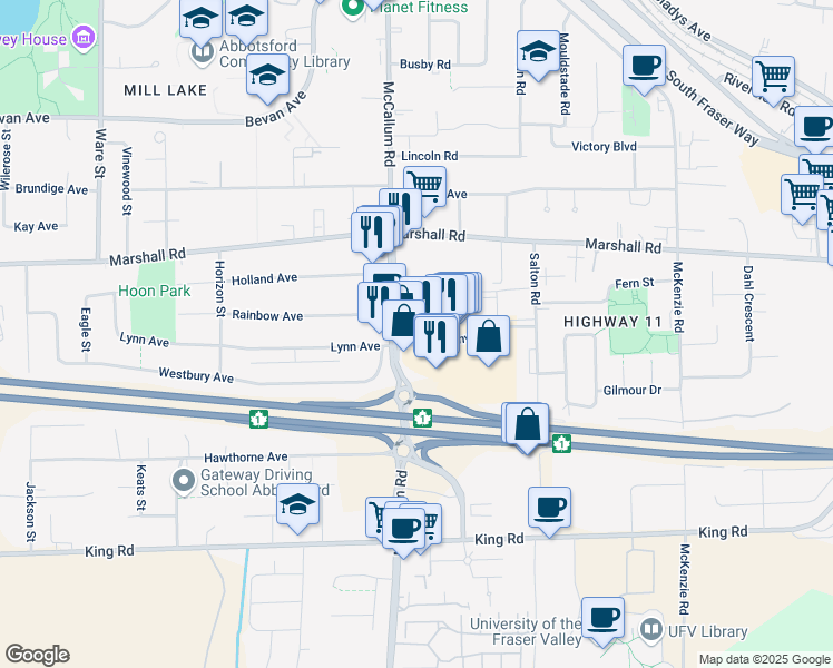map of restaurants, bars, coffee shops, grocery stores, and more near 1858 McCallum Road in Abbotsford