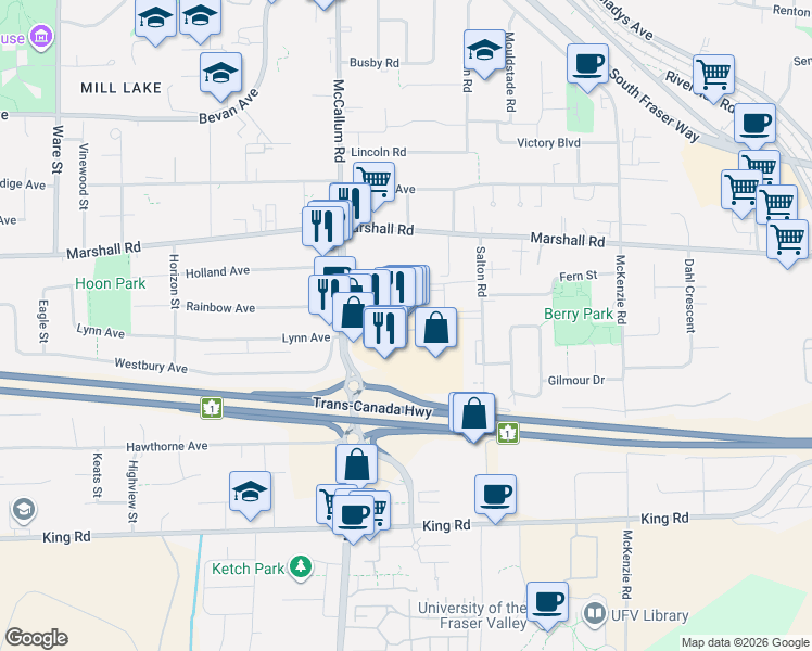 map of restaurants, bars, coffee shops, grocery stores, and more near 1878 McCallum Road in Abbotsford