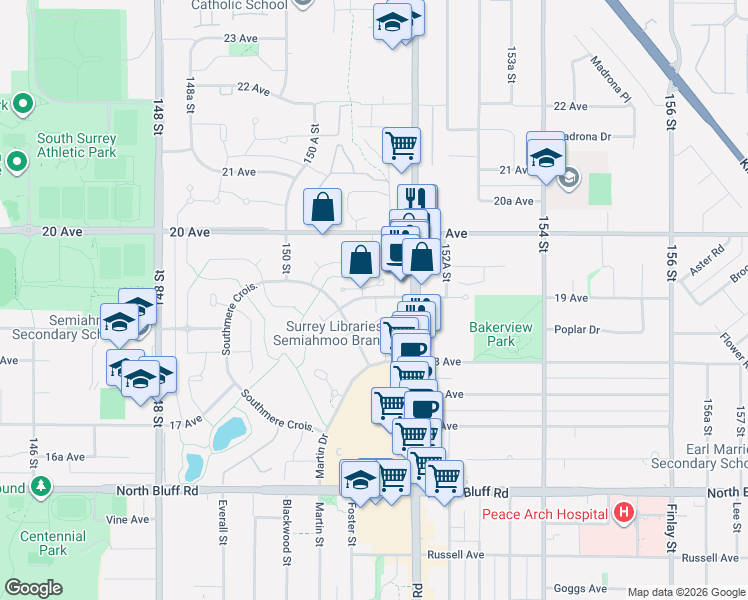 map of restaurants, bars, coffee shops, grocery stores, and more near 15168 19 Avenue in Surrey