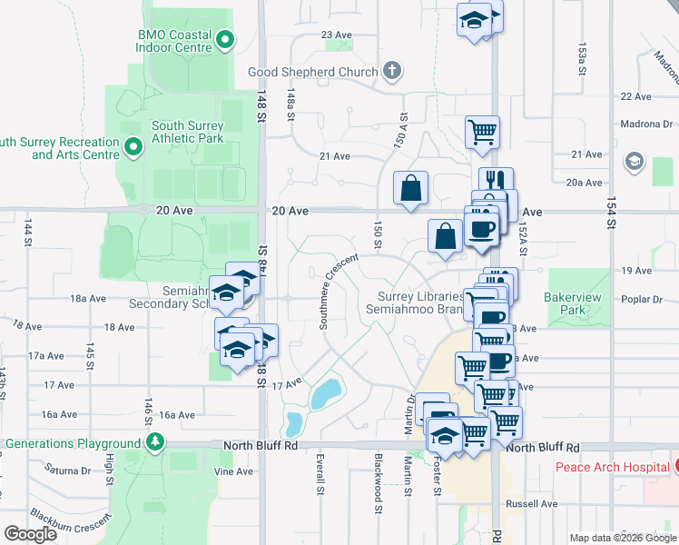 map of restaurants, bars, coffee shops, grocery stores, and more near 1898 Southmere Crescent in Surrey