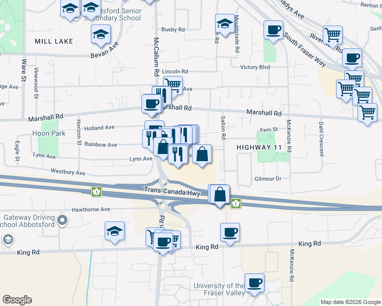 map of restaurants, bars, coffee shops, grocery stores, and more near 140 Cornwall Avenue in Abbotsford