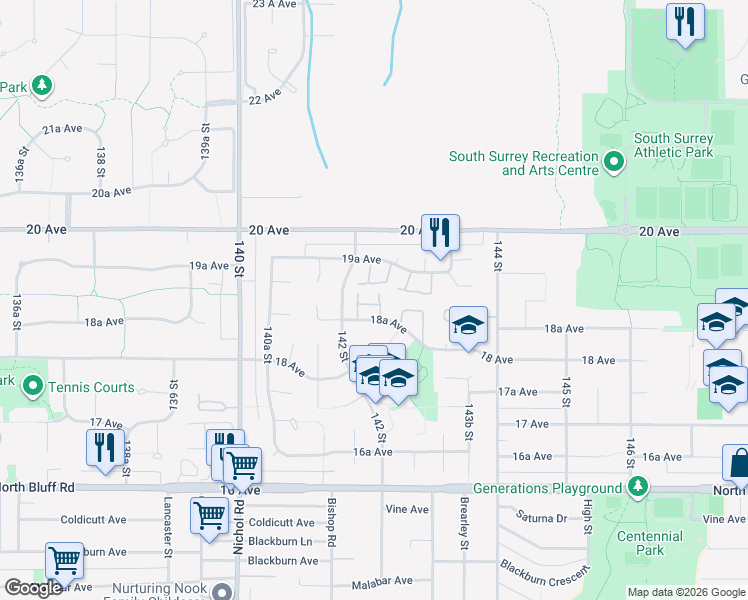 map of restaurants, bars, coffee shops, grocery stores, and more near 14243 18A Avenue in Surrey