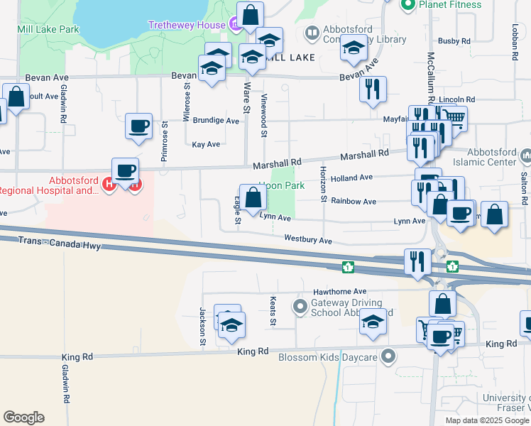 map of restaurants, bars, coffee shops, grocery stores, and more near 1905 Lynn Avenue in Abbotsford