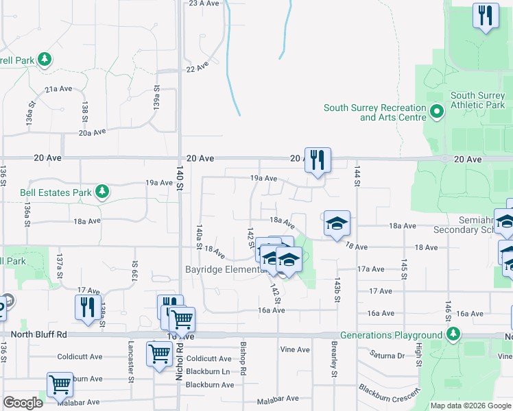 map of restaurants, bars, coffee shops, grocery stores, and more near 14235 18A Avenue in Surrey