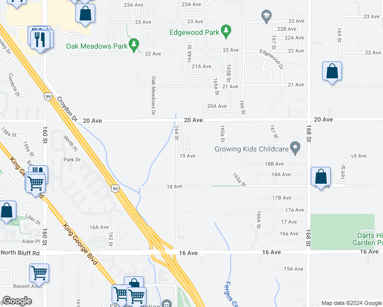 map of restaurants, bars, coffee shops, grocery stores, and more near 16433 19 Avenue in Surrey