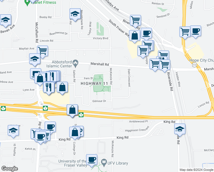 map of restaurants, bars, coffee shops, grocery stores, and more near 1887 McKenzie Road in Abbotsford