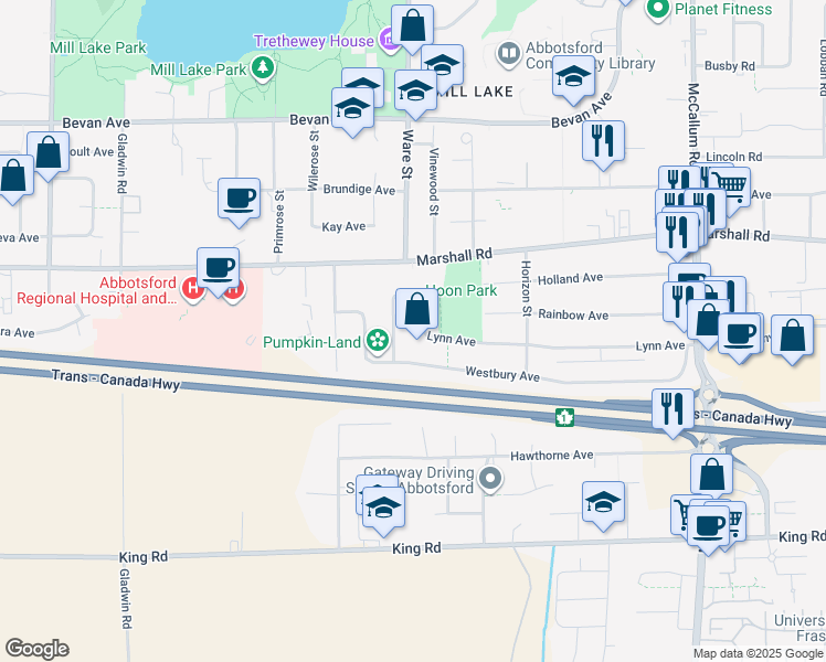 map of restaurants, bars, coffee shops, grocery stores, and more near 1905 Lynn Avenue in Abbotsford