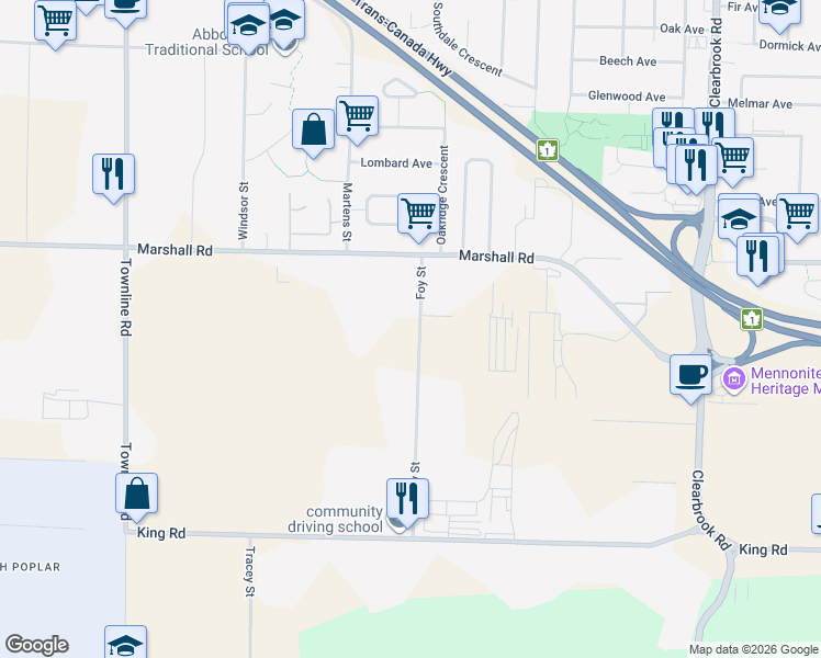 map of restaurants, bars, coffee shops, grocery stores, and more near 1891 Foy Street in Abbotsford
