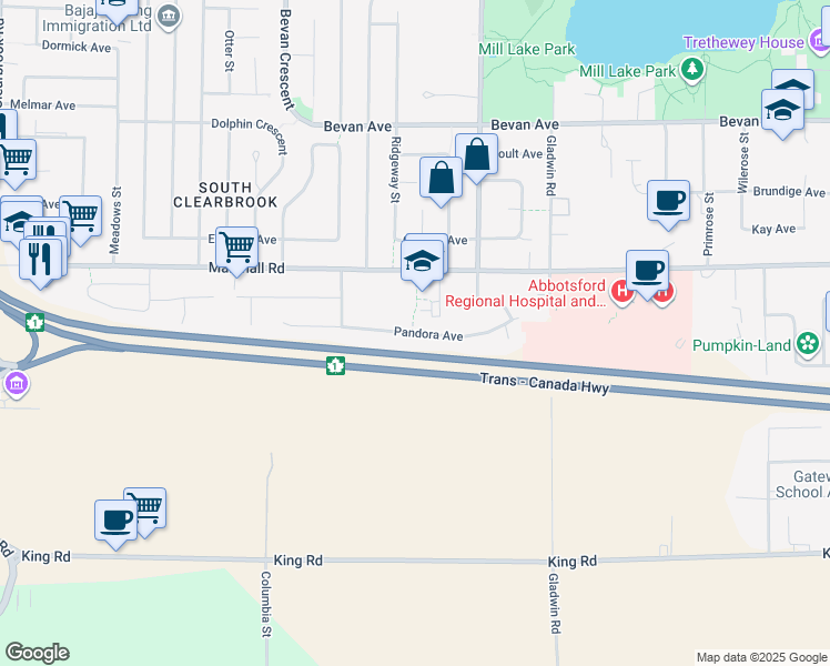 map of restaurants, bars, coffee shops, grocery stores, and more near Pandora Avenue in Abbotsford