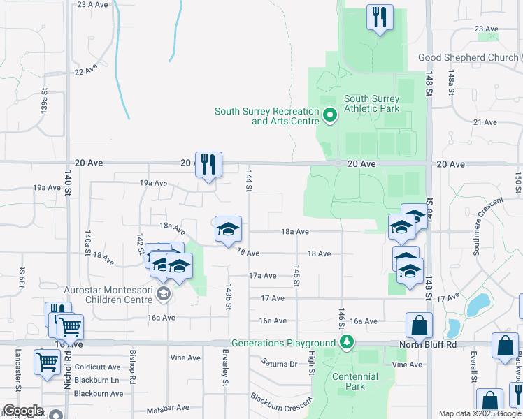 map of restaurants, bars, coffee shops, grocery stores, and more near 1887 144A Street in Surrey