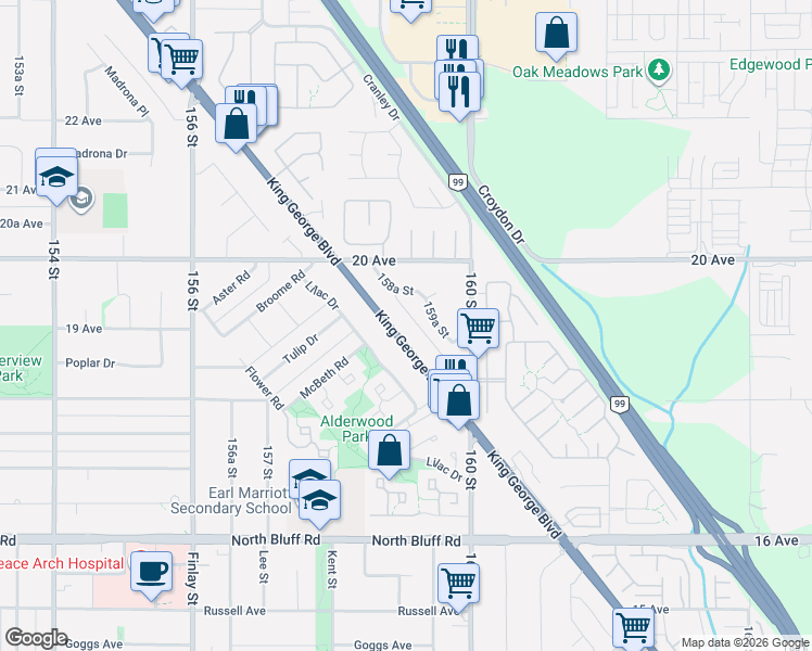 map of restaurants, bars, coffee shops, grocery stores, and more near 1892 King George Boulevard in Surrey