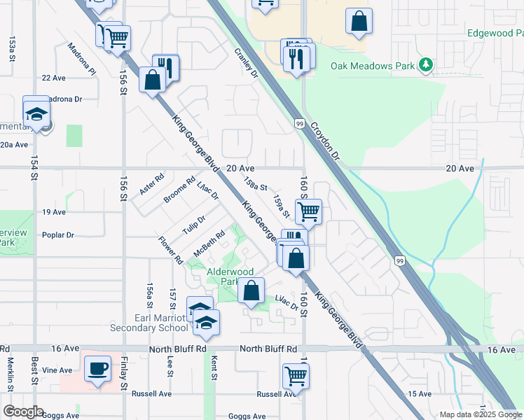 map of restaurants, bars, coffee shops, grocery stores, and more near 1892 King George Boulevard in Surrey