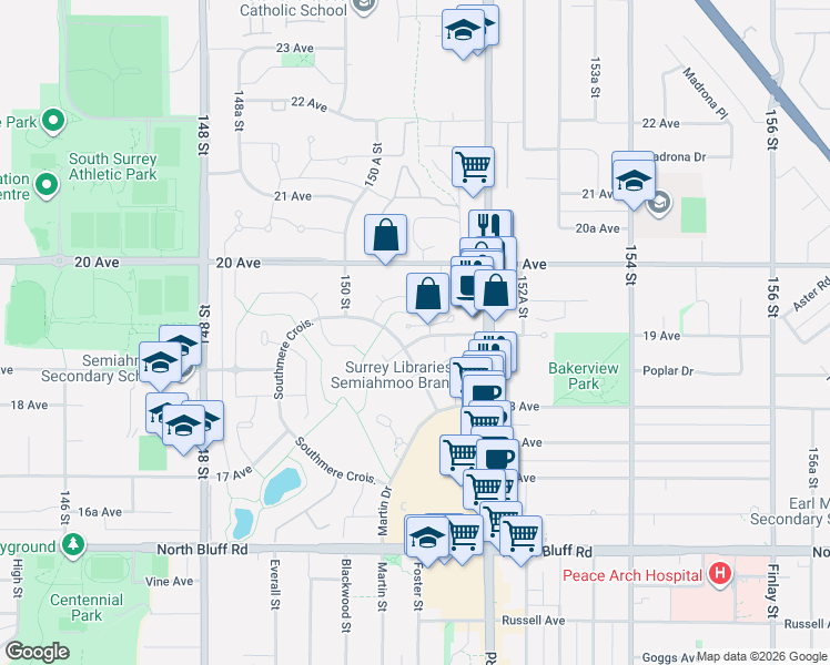 map of restaurants, bars, coffee shops, grocery stores, and more near 15121 19 Avenue in Surrey