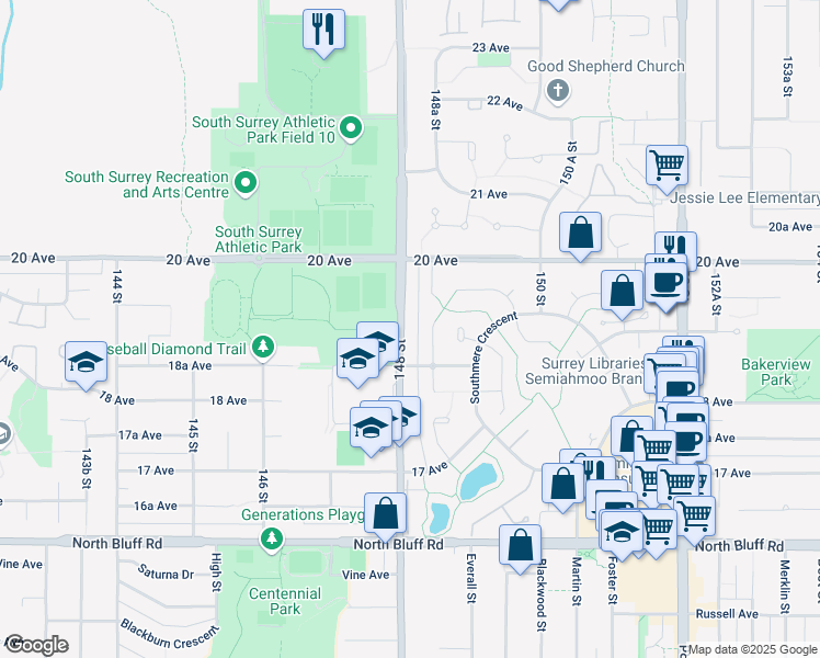 map of restaurants, bars, coffee shops, grocery stores, and more near 1906 148 Street in Surrey
