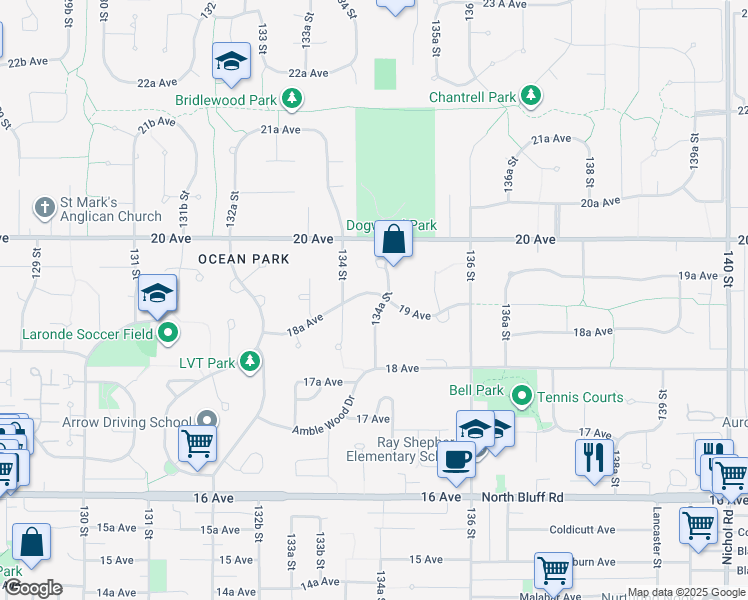 map of restaurants, bars, coffee shops, grocery stores, and more near 13446 19 Avenue in Surrey