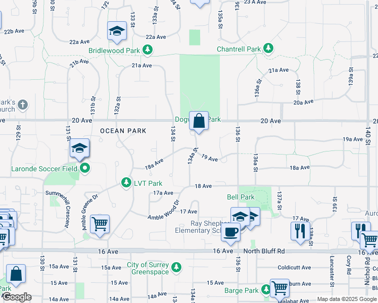map of restaurants, bars, coffee shops, grocery stores, and more near 13446 19 Avenue in Surrey