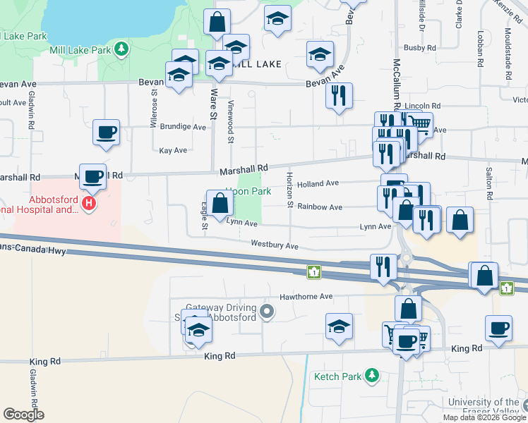 map of restaurants, bars, coffee shops, grocery stores, and more near 33306 Rainbow Avenue in Abbotsford