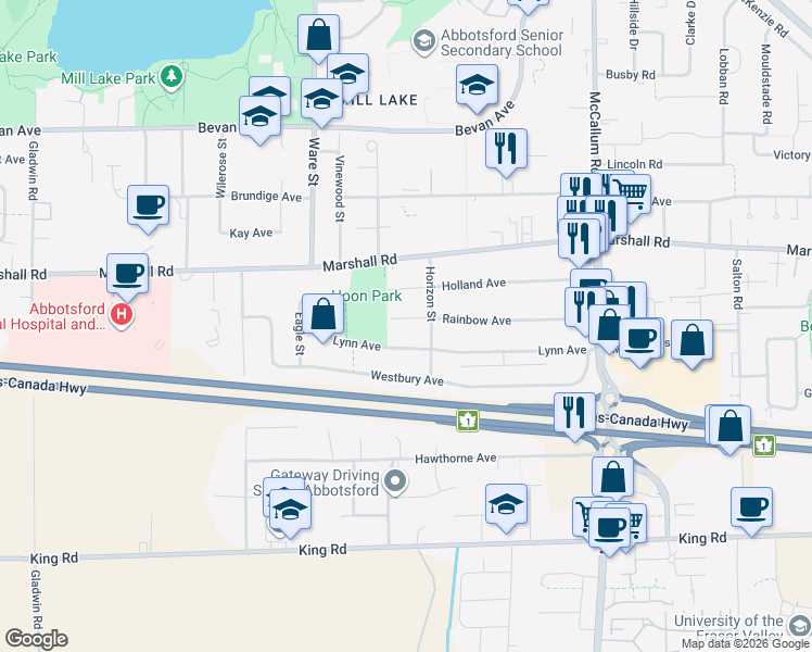map of restaurants, bars, coffee shops, grocery stores, and more near 33328 Rainbow Avenue in Abbotsford