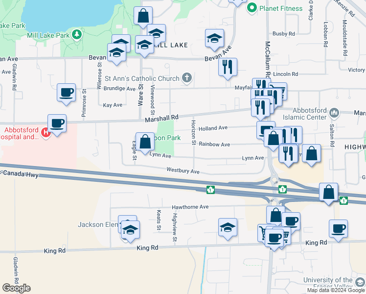 map of restaurants, bars, coffee shops, grocery stores, and more near 33328 Rainbow Avenue in Abbotsford