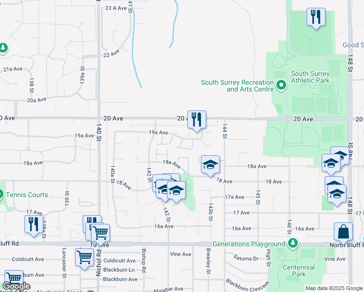 map of restaurants, bars, coffee shops, grocery stores, and more near 14280 19A Avenue in Surrey
