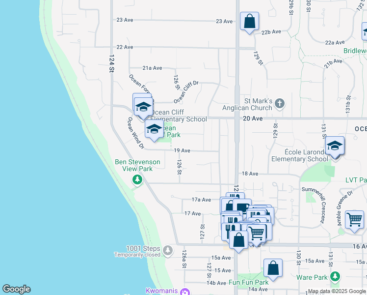 map of restaurants, bars, coffee shops, grocery stores, and more near 12635 19 Avenue in Surrey